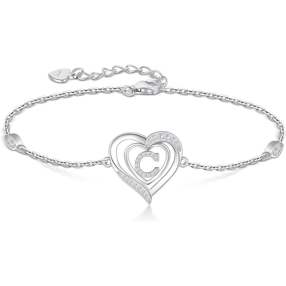 Heart Initial 925 Sterling Silver Letter Alphabet Jewelry - Letter C